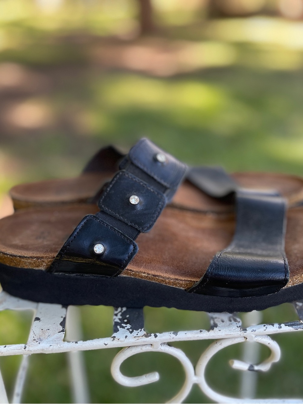 Naot Black Leather Western Slide Sandals with Rhinestone Accents size 39/ 8
